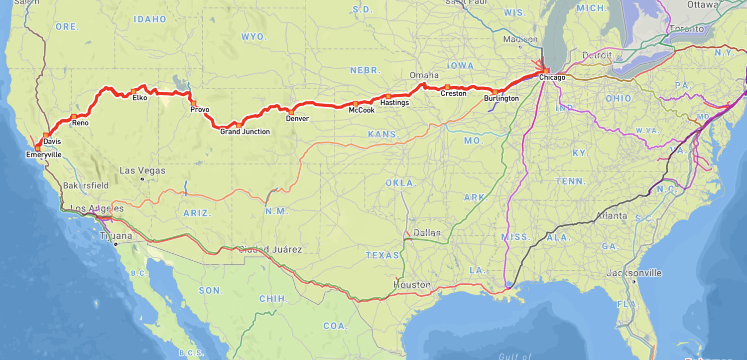 Map of the United States with Amtrak long-distance lines. The California Zephyr route is highlighted. It goes westwards from Chicago to San Francisco.